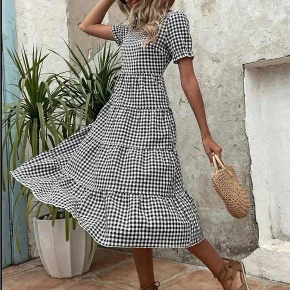 Classic Gingham Plaid Puff Sleeve Ruffle Hem Dress - Picture 5 of 6